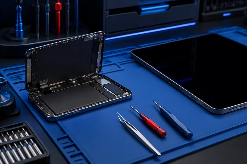 An opened smartphone on a blue repair mat beside precision screwdrivers and tweezers