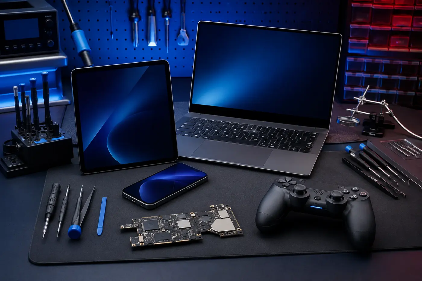 A phone, tablet, laptop and games controller laid out on a repair bench